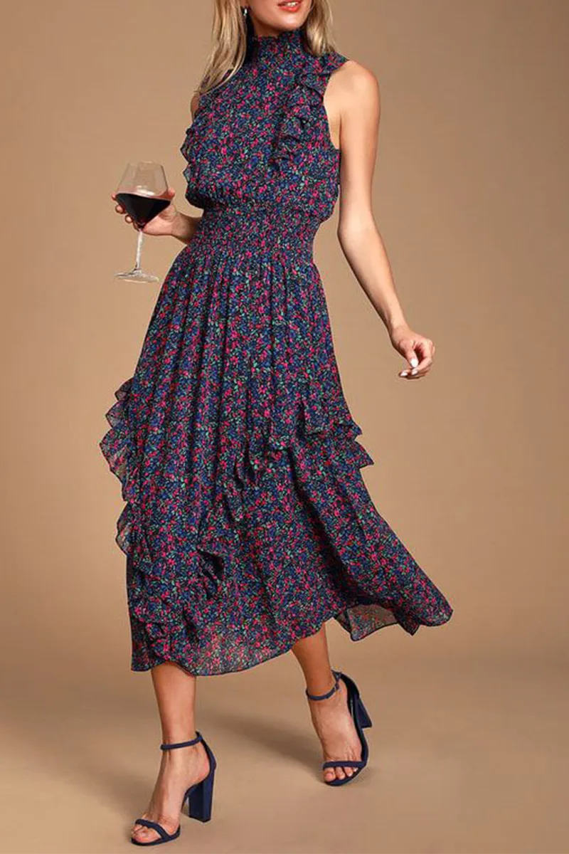 Casual Print Flounce Half A Turtleneck Waist Skirt Dresses