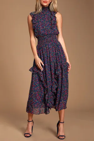 Casual Print Flounce Half A Turtleneck Waist Skirt Dresses