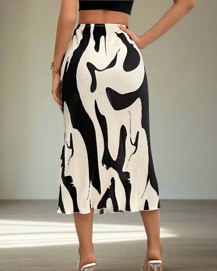Casual Print Pleated Long Skirt