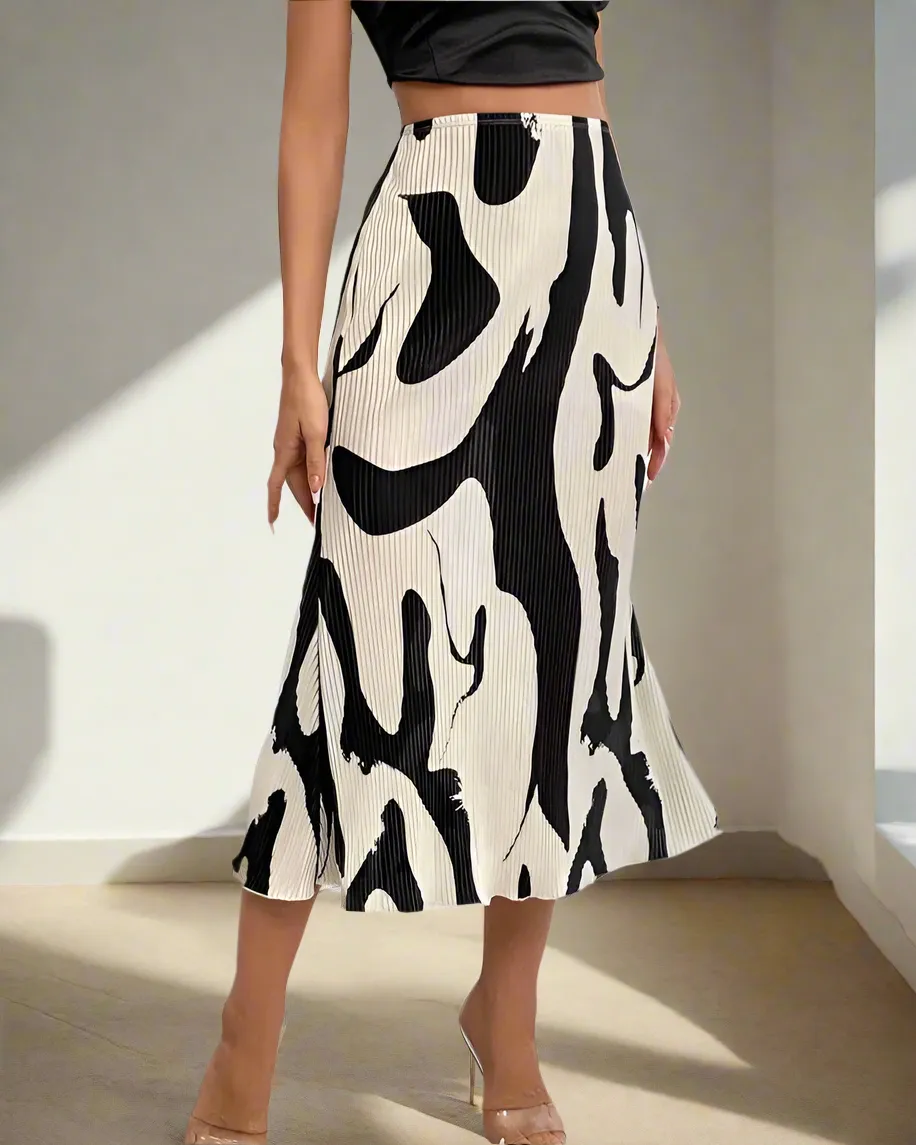 Casual Print Pleated Long Skirt
