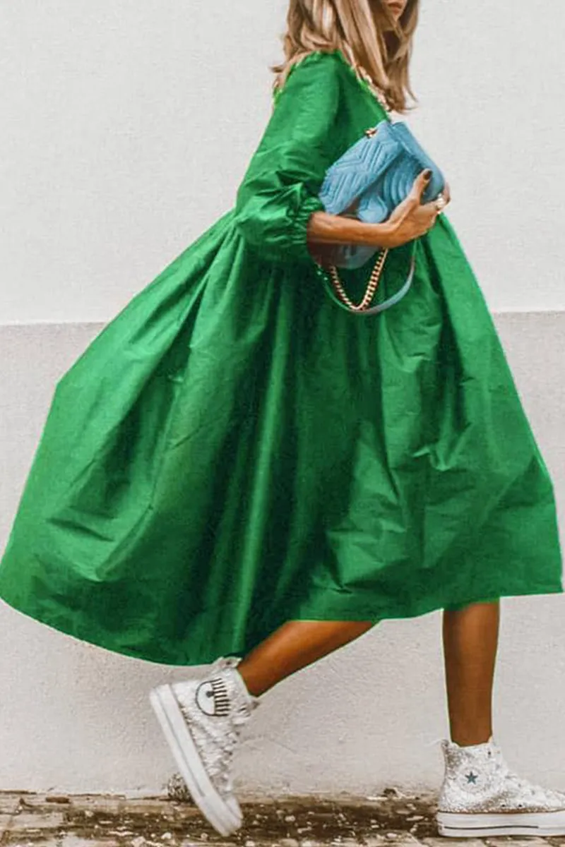 Casual Solid O Neck Cake Skirt Dresses(5 Colors)
