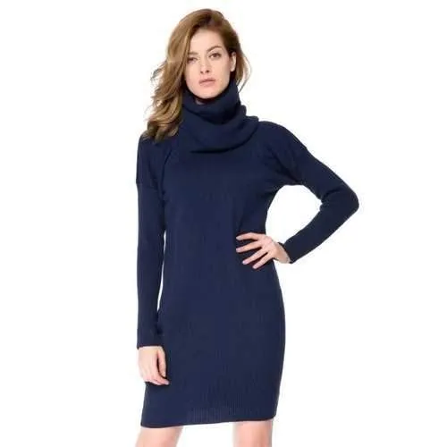 Casual Style Round Collar Long Sleeve Solid Color with Scarf Women's Sweater Dress - Cadetblue S