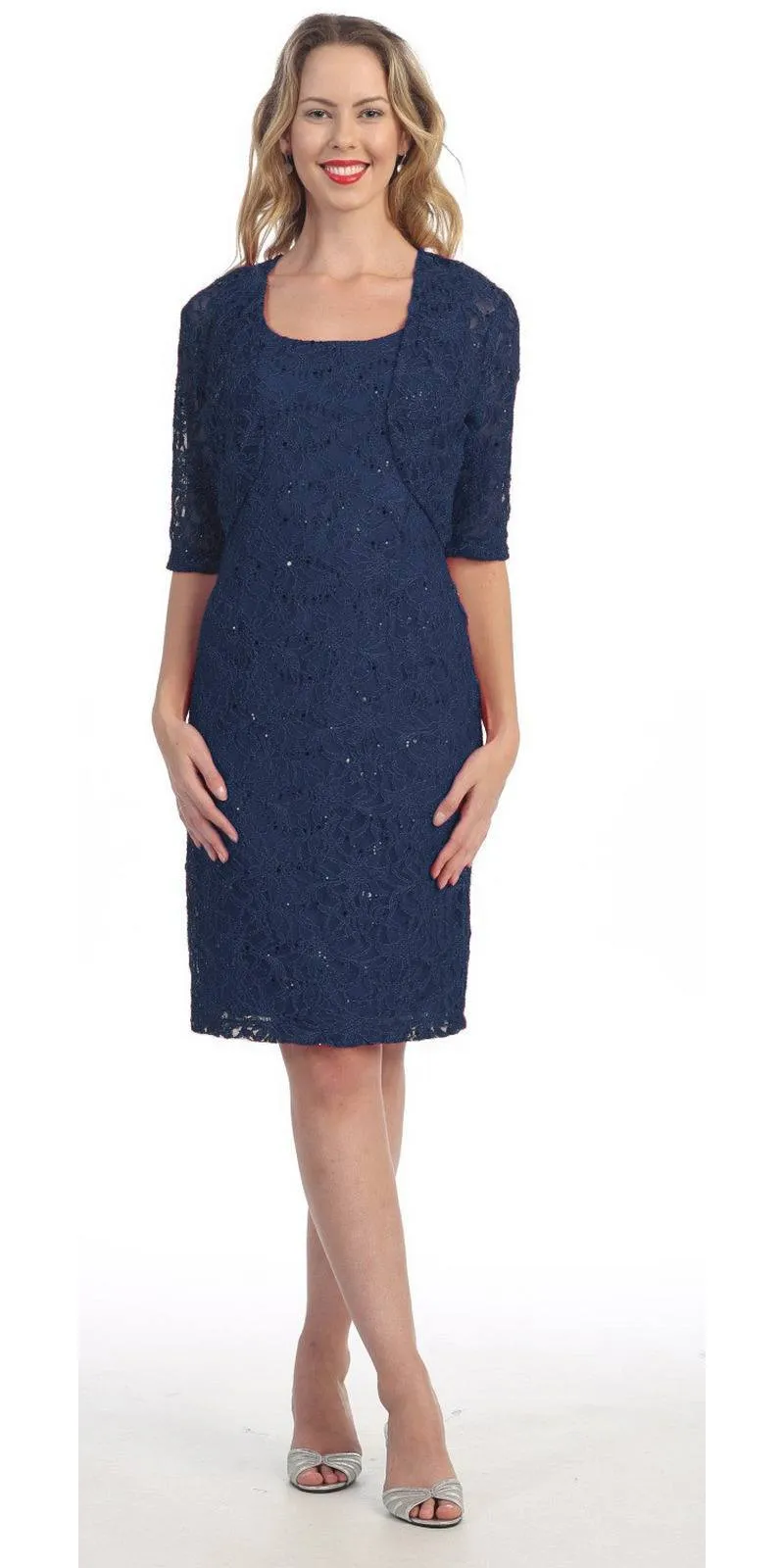 Celavie 2462 Modest Short Lace Dress With Matching Bolero Jacket