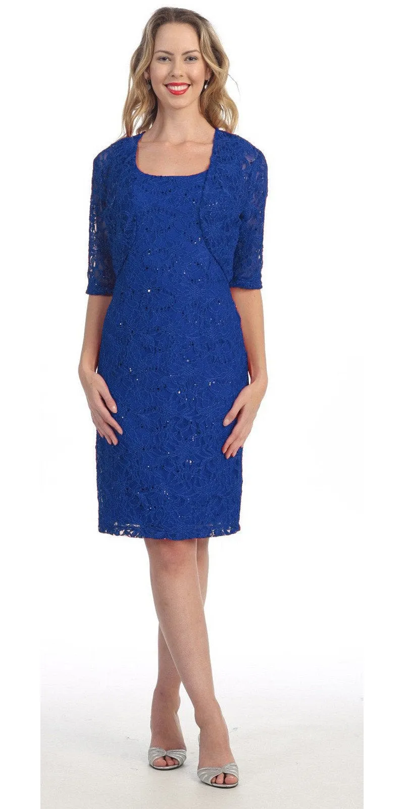 Celavie 2462 Modest Short Lace Dress With Matching Bolero Jacket