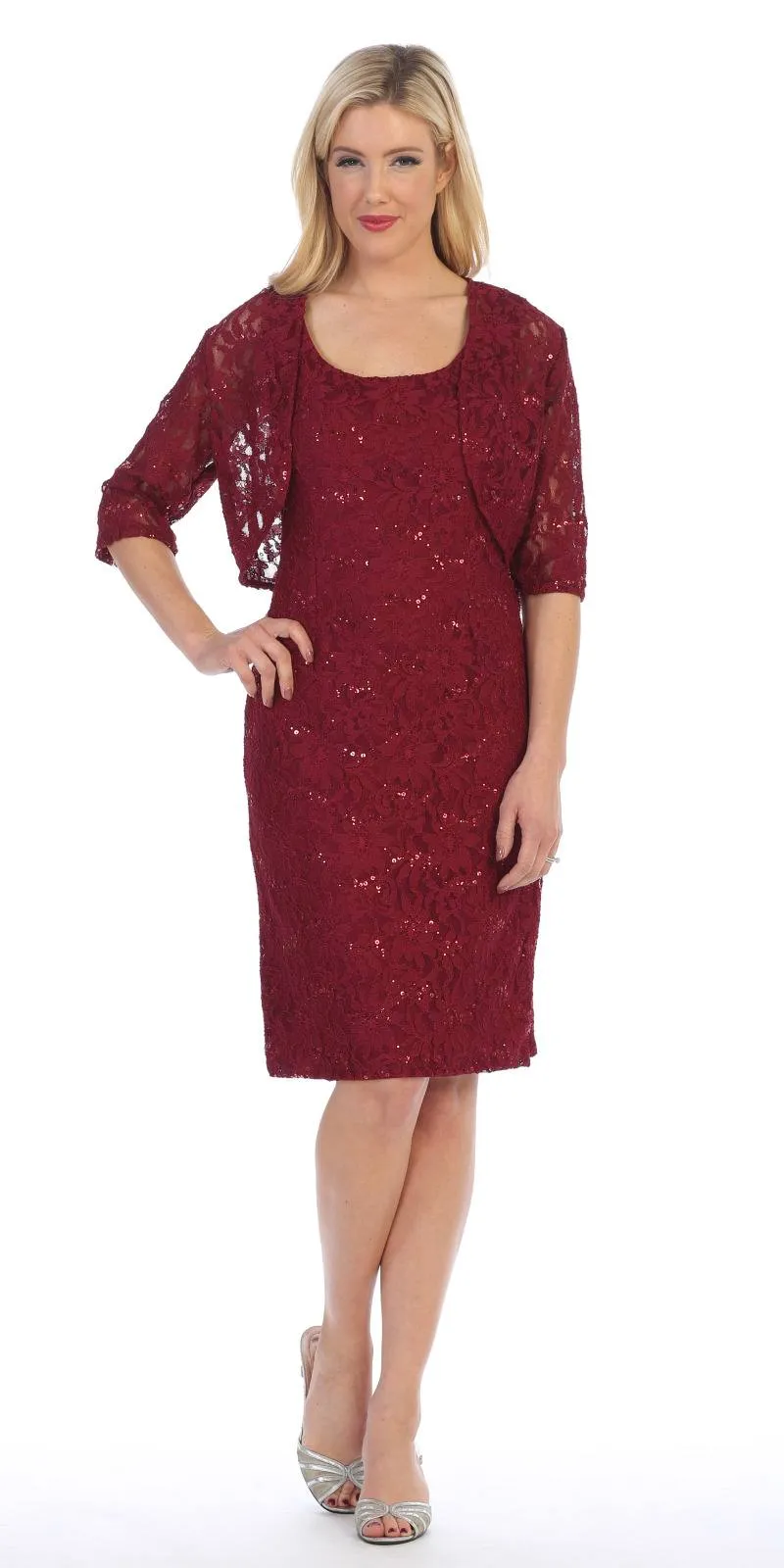 Celavie 2462 Modest Short Lace Dress With Matching Bolero Jacket