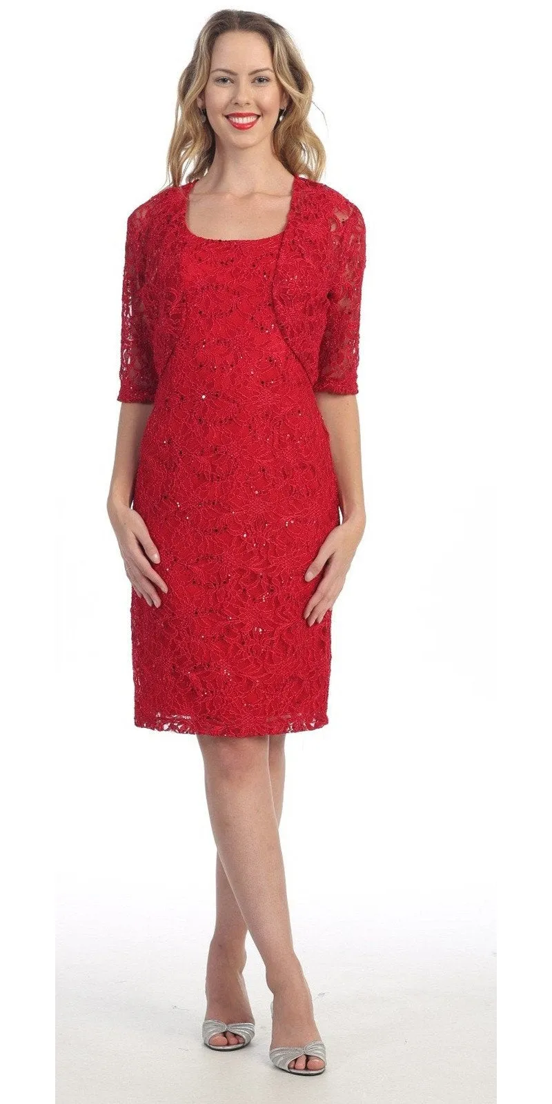Celavie 2462 Modest Short Lace Dress With Matching Bolero Jacket