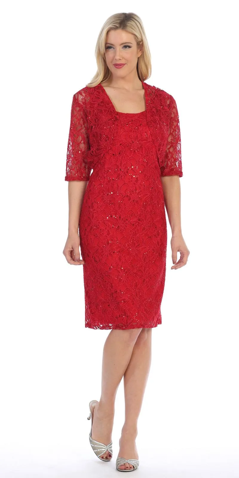 Celavie 2462 Modest Short Lace Dress With Matching Bolero Jacket