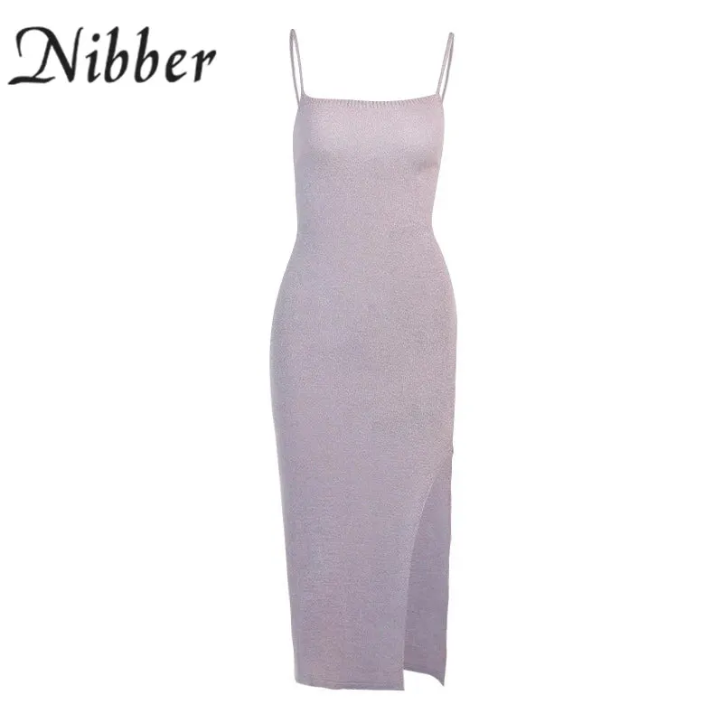 Celebrity Fashion Spaghetti Strap Suspender Knitted Dress with Slit Slim Design Casual Sleeveless Dress