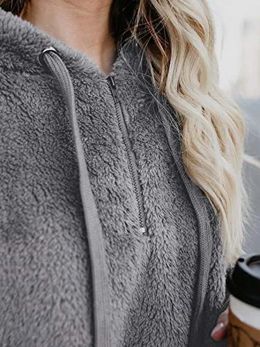 Century Star Womens Fuzzy Hoodies Pullover Sport Hoodie Cozy Oversized Pockets Hooded Sweatshirt Athletic Fleece Hoodies Grey
