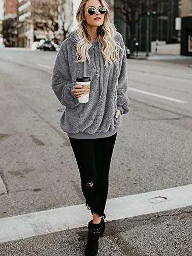 Century Star Womens Fuzzy Hoodies Pullover Sport Hoodie Cozy Oversized Pockets Hooded Sweatshirt Athletic Fleece Hoodies Grey