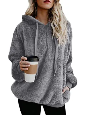 Century Star Womens Fuzzy Hoodies Pullover Sport Hoodie Cozy Oversized Pockets Hooded Sweatshirt Athletic Fleece Hoodies Grey