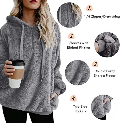 Century Star Womens Fuzzy Hoodies Pullover Sport Hoodie Cozy Oversized Pockets Hooded Sweatshirt Athletic Fleece Hoodies Grey