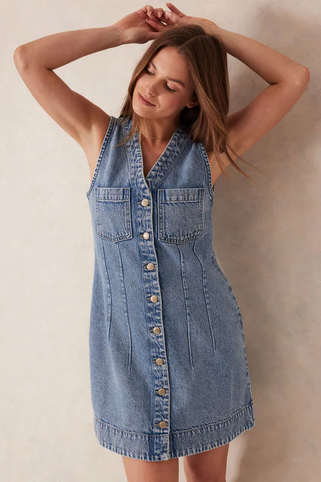 Ceres Life Seamed Mini Shift Dress - Mid Vintage Blue