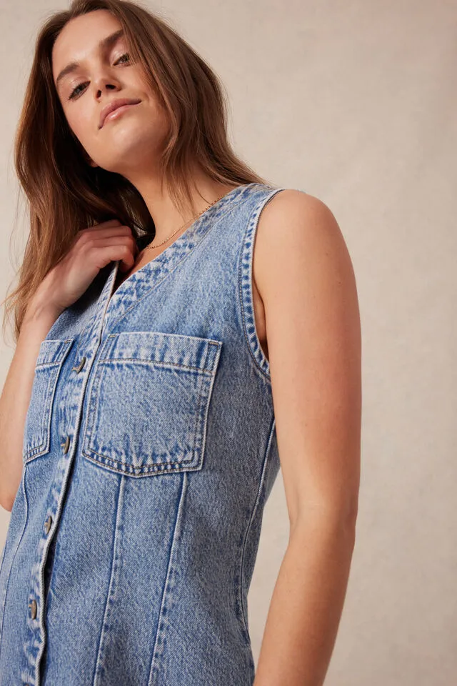 Ceres Life Seamed Mini Shift Dress - Mid Vintage Blue