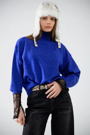 chunky knit sweater in blue with turtleneck