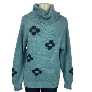 Chunky Knit Turquoise Sweater With Black Patterned Crosses & Cowl Neck Sz M/L