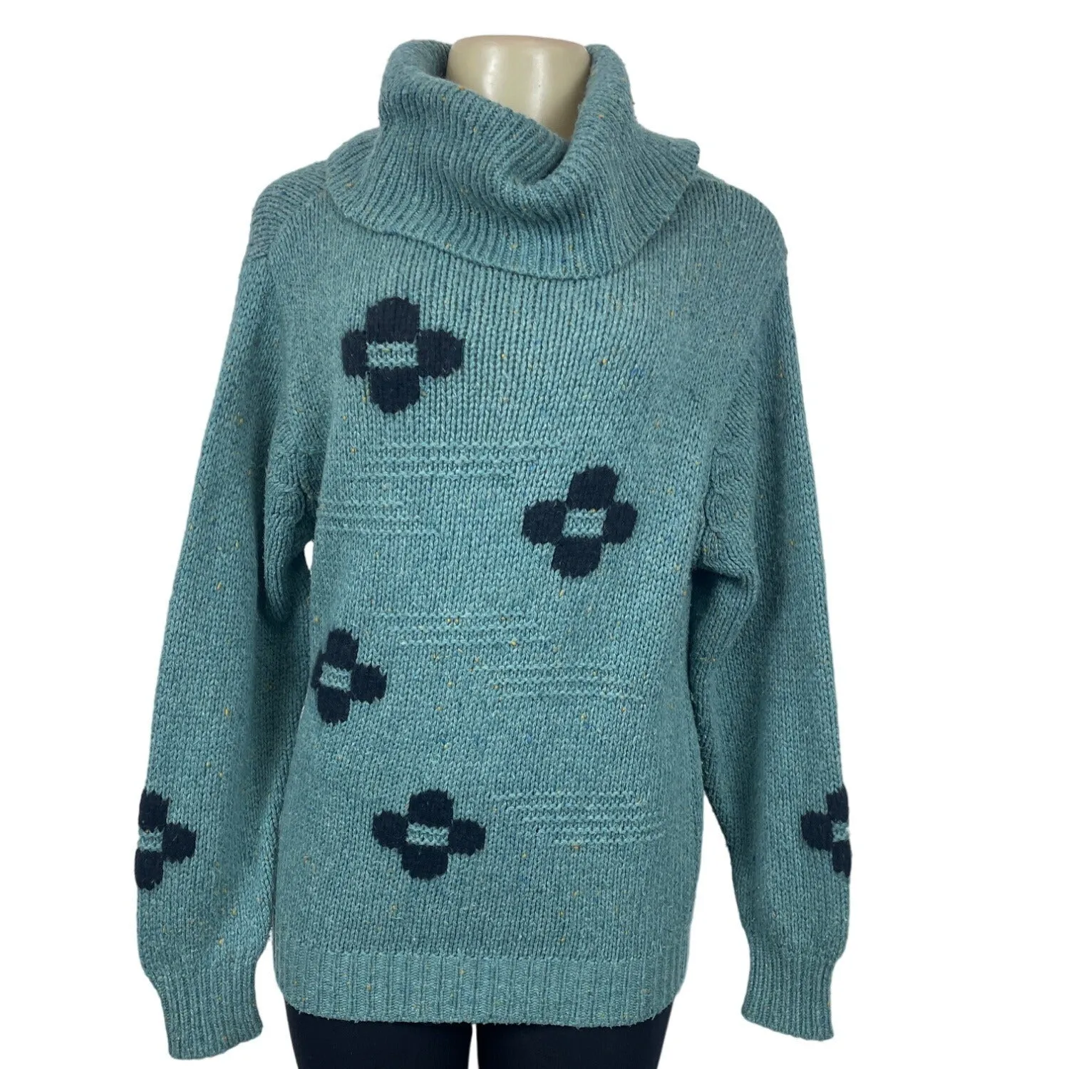 Chunky Knit Turquoise Sweater With Black Patterned Crosses & Cowl Neck Sz M/L