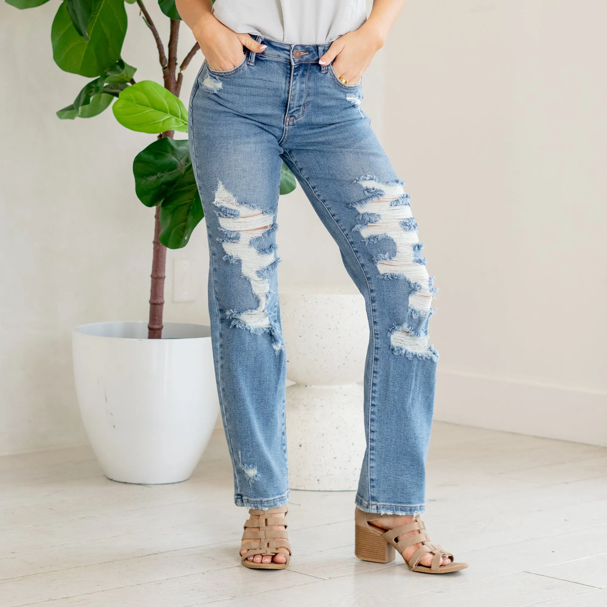 Citrus Sky High Rise Distressed Straight Leg Regular & Plus Sizes