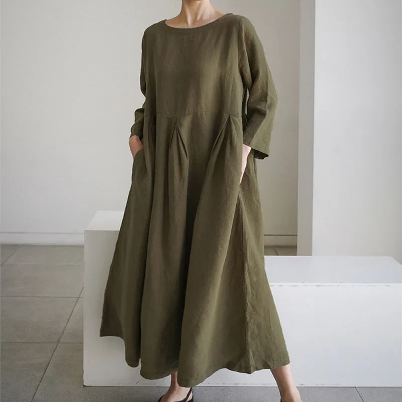 CityHottie - Women Summer Cotton dresses Nine-point Sleeves dress long Maxi dress loose robes casual Dress customized plus size dress boho Linen dress