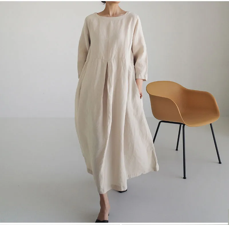 CityHottie - Women Summer Cotton dresses Nine-point Sleeves dress long Maxi dress loose robes casual Dress customized plus size dress boho Linen dress
