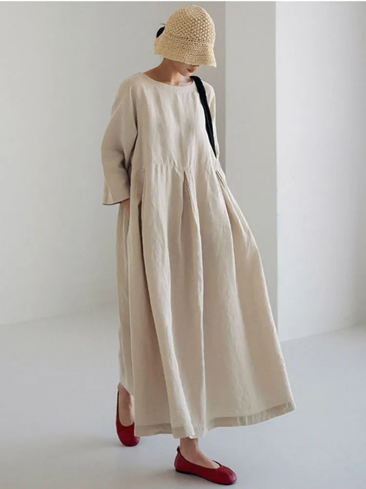 CityHottie - Women Summer Cotton dresses Nine-point Sleeves dress long Maxi dress loose robes casual Dress customized plus size dress boho Linen dress