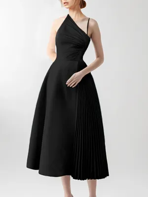 Clarissa Solid Sling Irregular Shirring Design Dress
