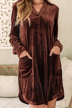 Collared V Neck Shift Velvet Dress