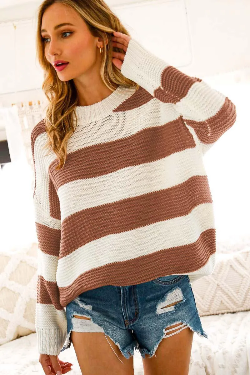 Color Block Chunky Knit Sweater - Mocha