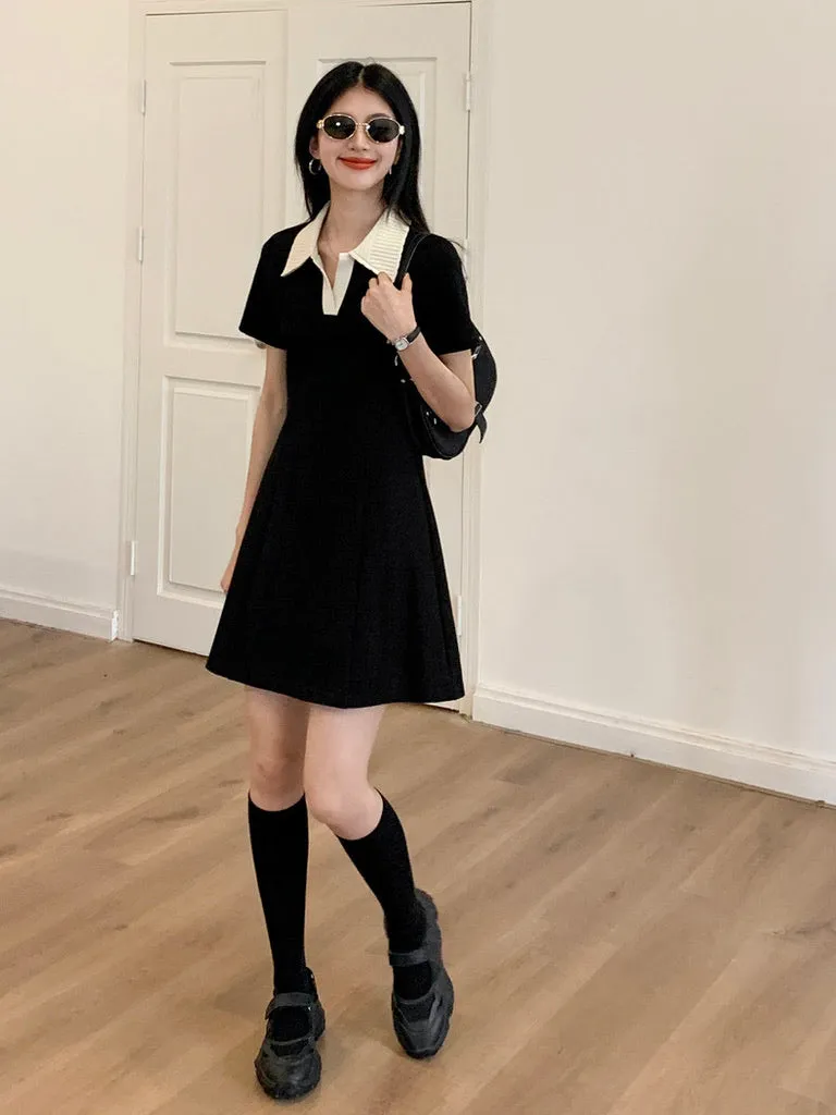 Contrast Polo Skater Dress in Black