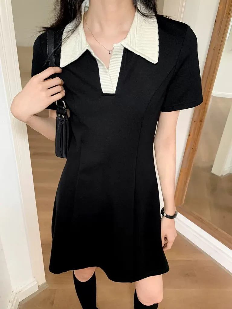 Contrast Polo Skater Dress in Black