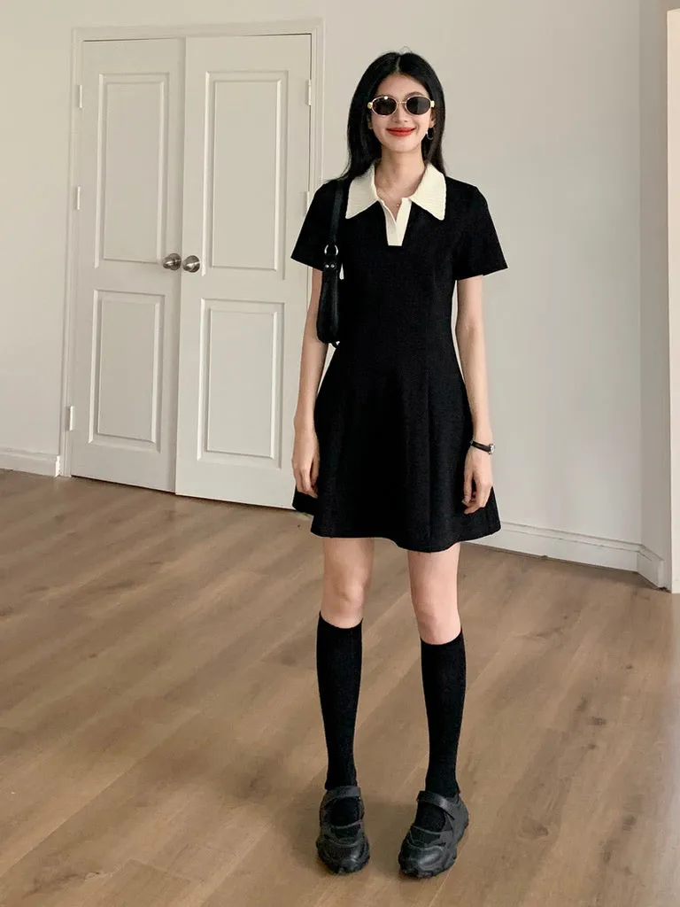 Contrast Polo Skater Dress in Black