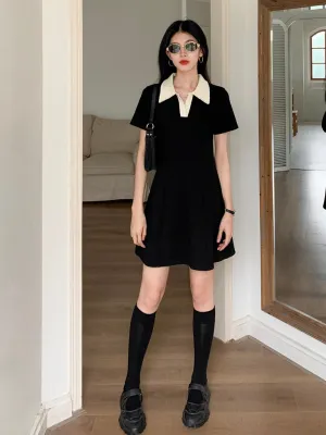 Contrast Polo Skater Dress in Black