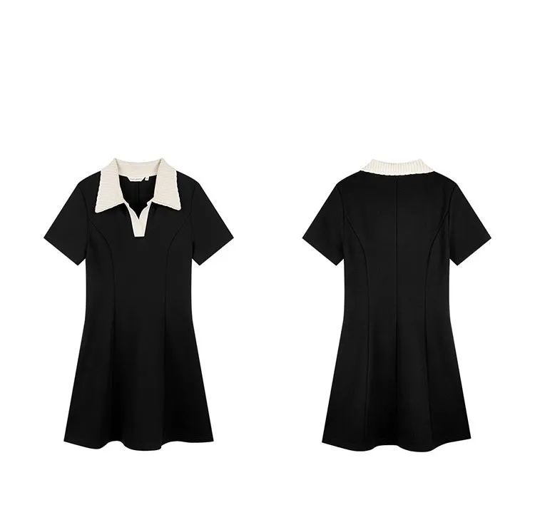 Contrast Polo Skater Dress in Black