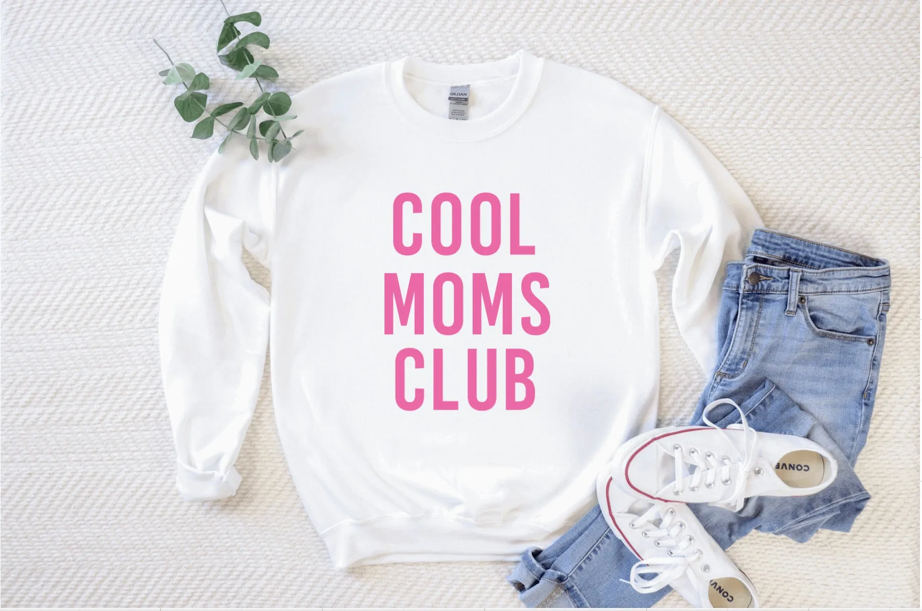 Cool Moms Club White Crew Neck Sweater Pink Writing