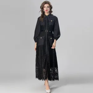 Cordelia Turn-down Collar Lantern Sleeve Sashes Single Breasted Vintage Dress