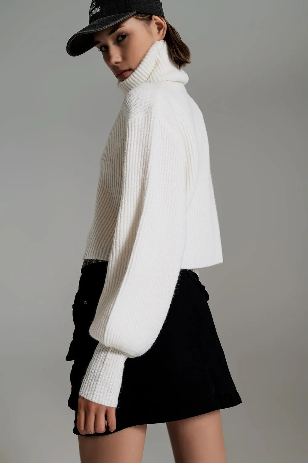 Cream ribbed knit turtleneck jumper with balloon sleeves