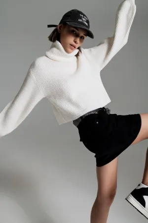 Cream ribbed knit turtleneck jumper with balloon sleeves