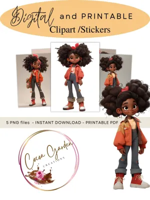 Cute African American Young Girl Clipart! Ai upscaled Art |Versatile Clipart for Children's Stories & Crafts Personal |Commercial Use