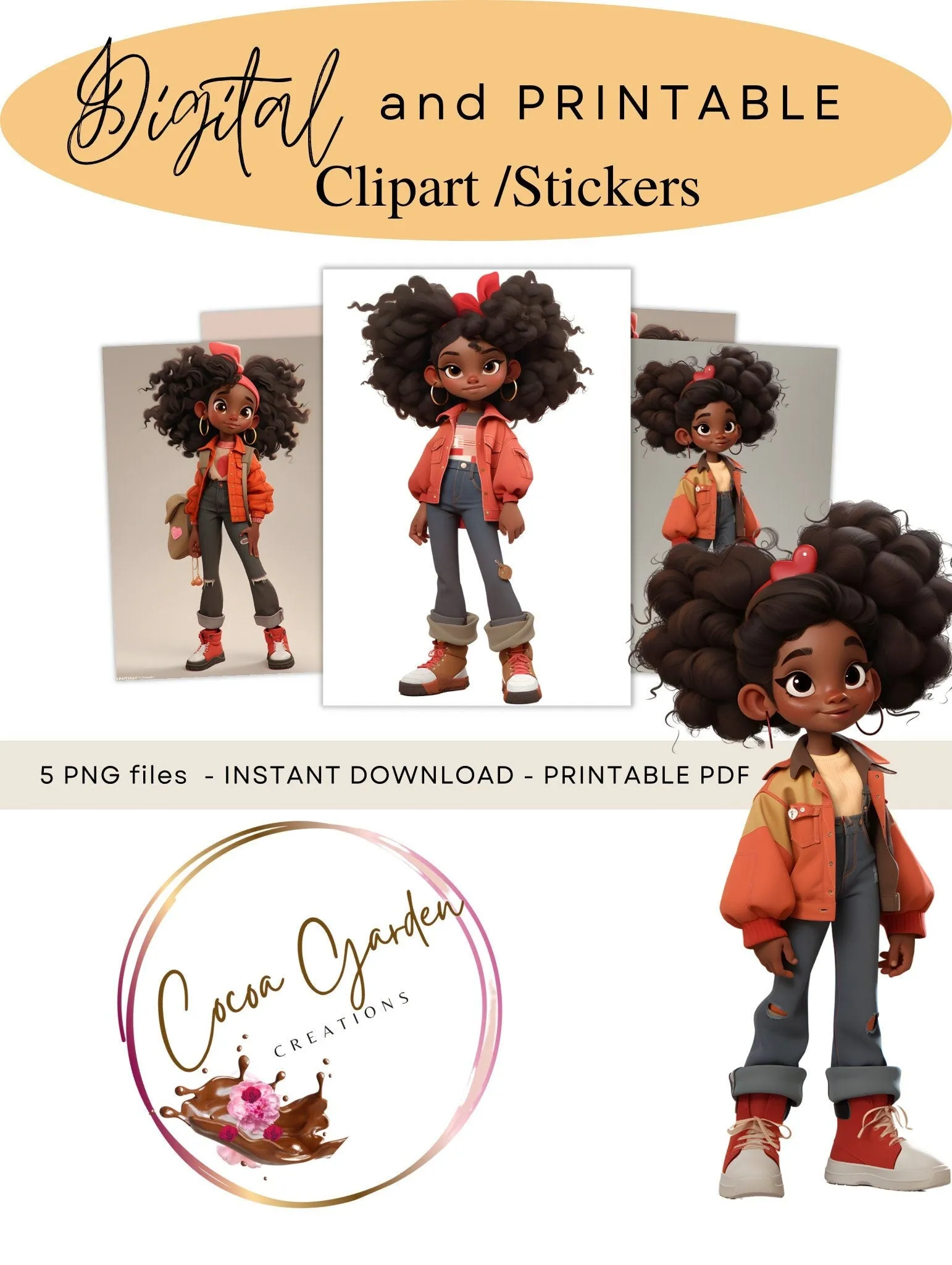 Cute African American Young Girl Clipart! Ai upscaled Art |Versatile Clipart for Children's Stories & Crafts Personal |Commercial Use