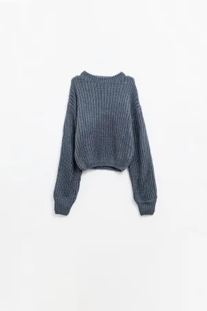 Dark grey chunky knit sweater with balloon sleeves
