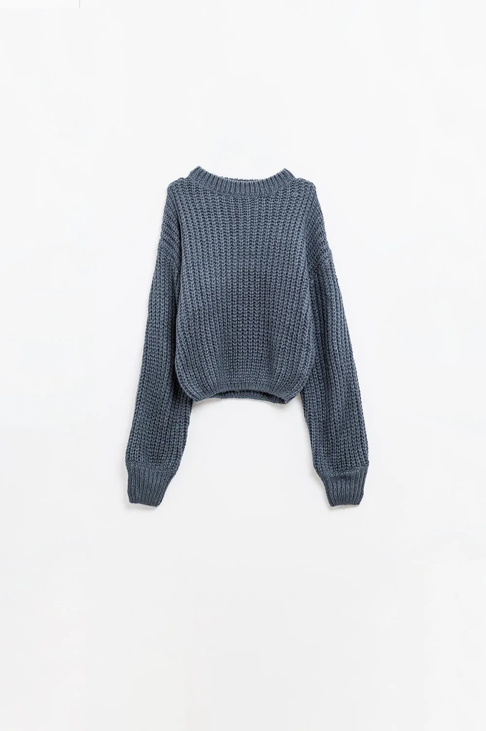 Dark grey chunky knit sweater with balloon sleeves