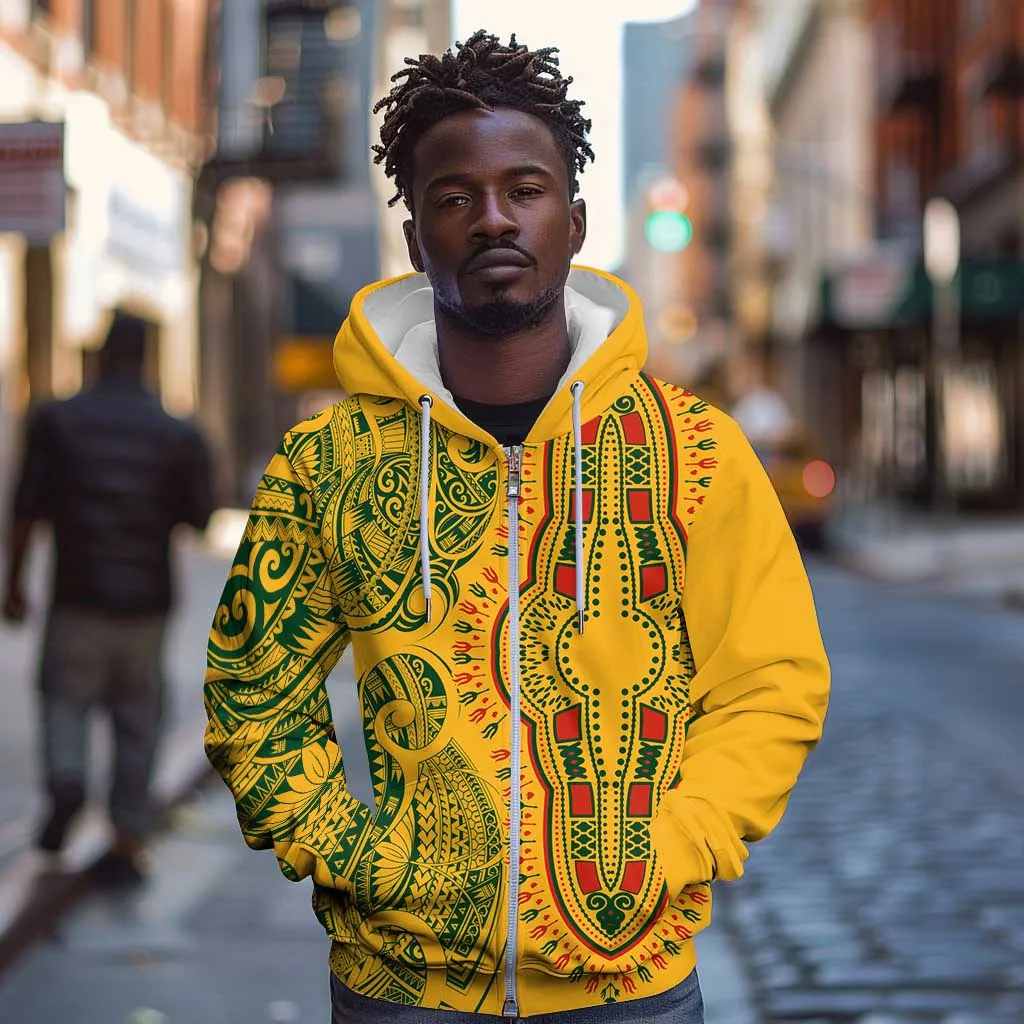Dashiki and Polynesian Pattern Zip Hoodie Afro Pacific Culture Gold Version LT9