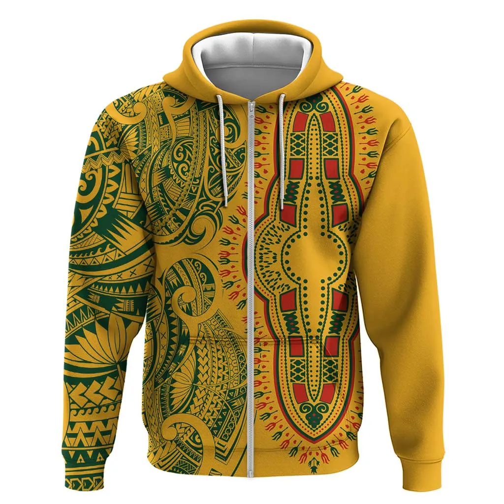 Dashiki and Polynesian Pattern Zip Hoodie Afro Pacific Culture Gold Version LT9