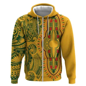 Dashiki and Polynesian Pattern Zip Hoodie Afro Pacific Culture Gold Version LT9