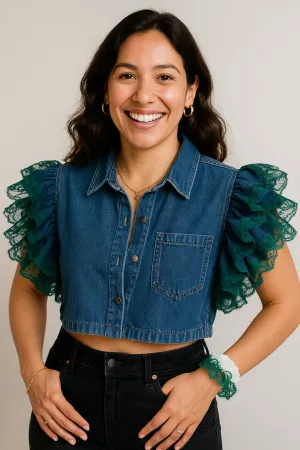 Denim and Ruffles Mid Crop Jacket-Shirt