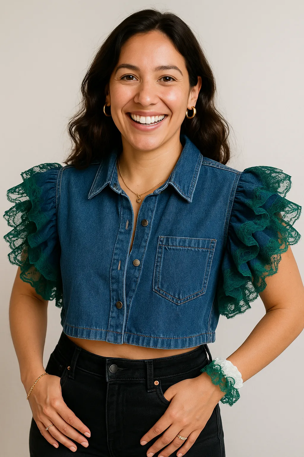 Denim and Ruffles Mid Crop Jacket-Shirt
