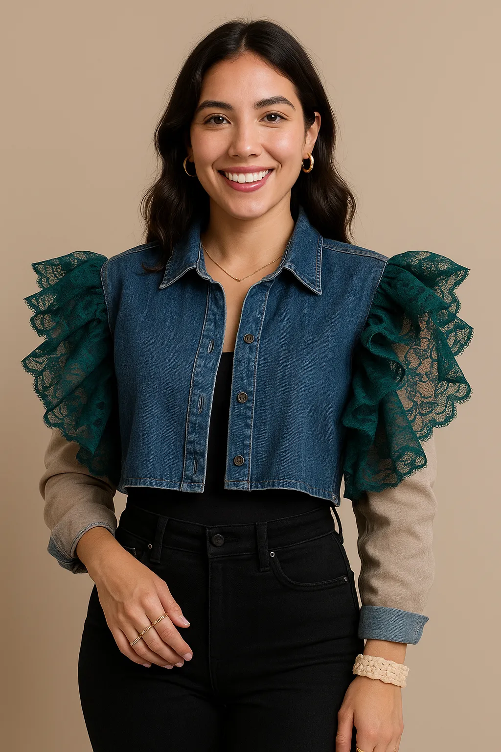Denim and Ruffles Mid Crop Jacket-Shirt