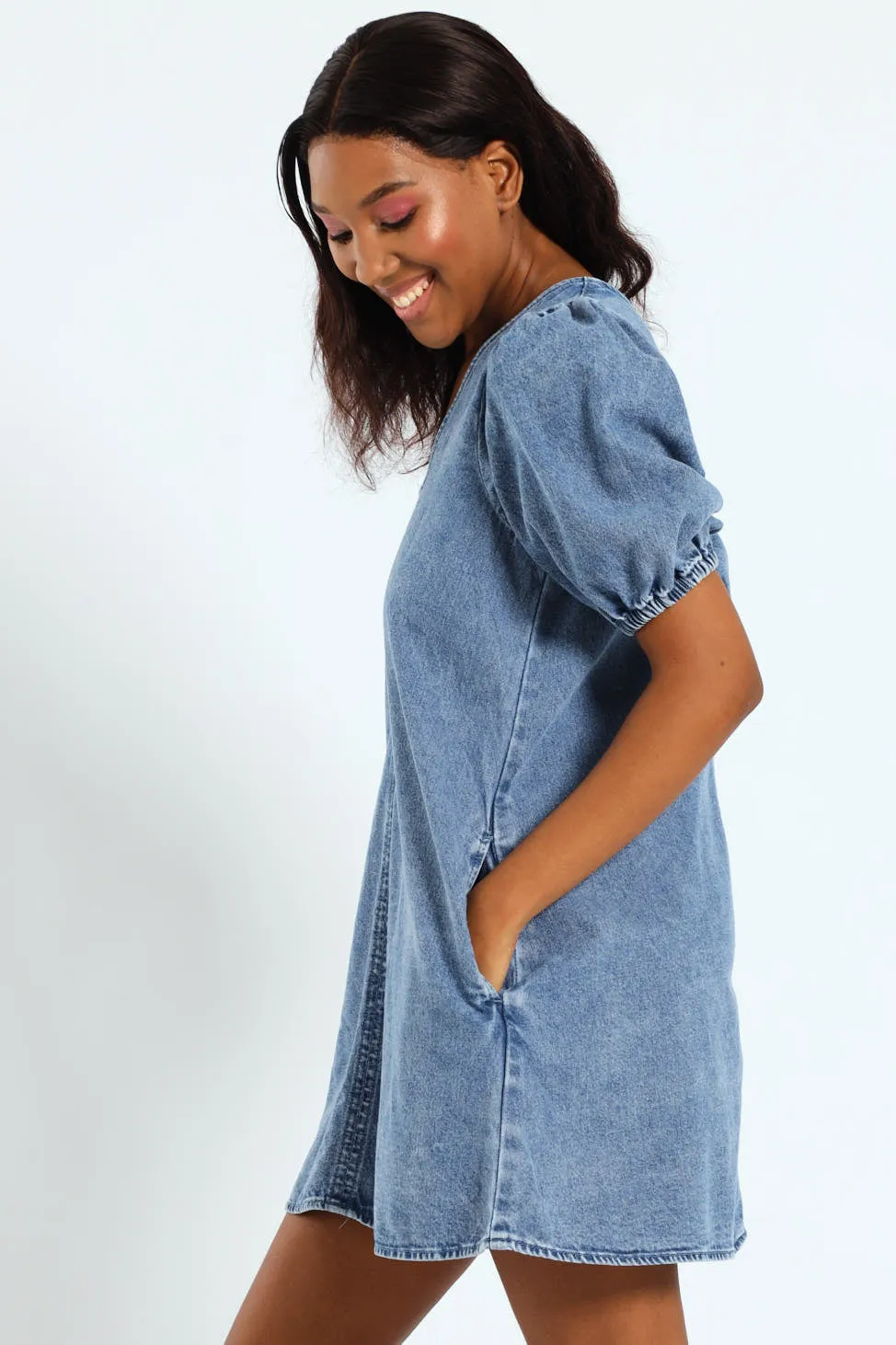 Denim Shift Dress With Pockets