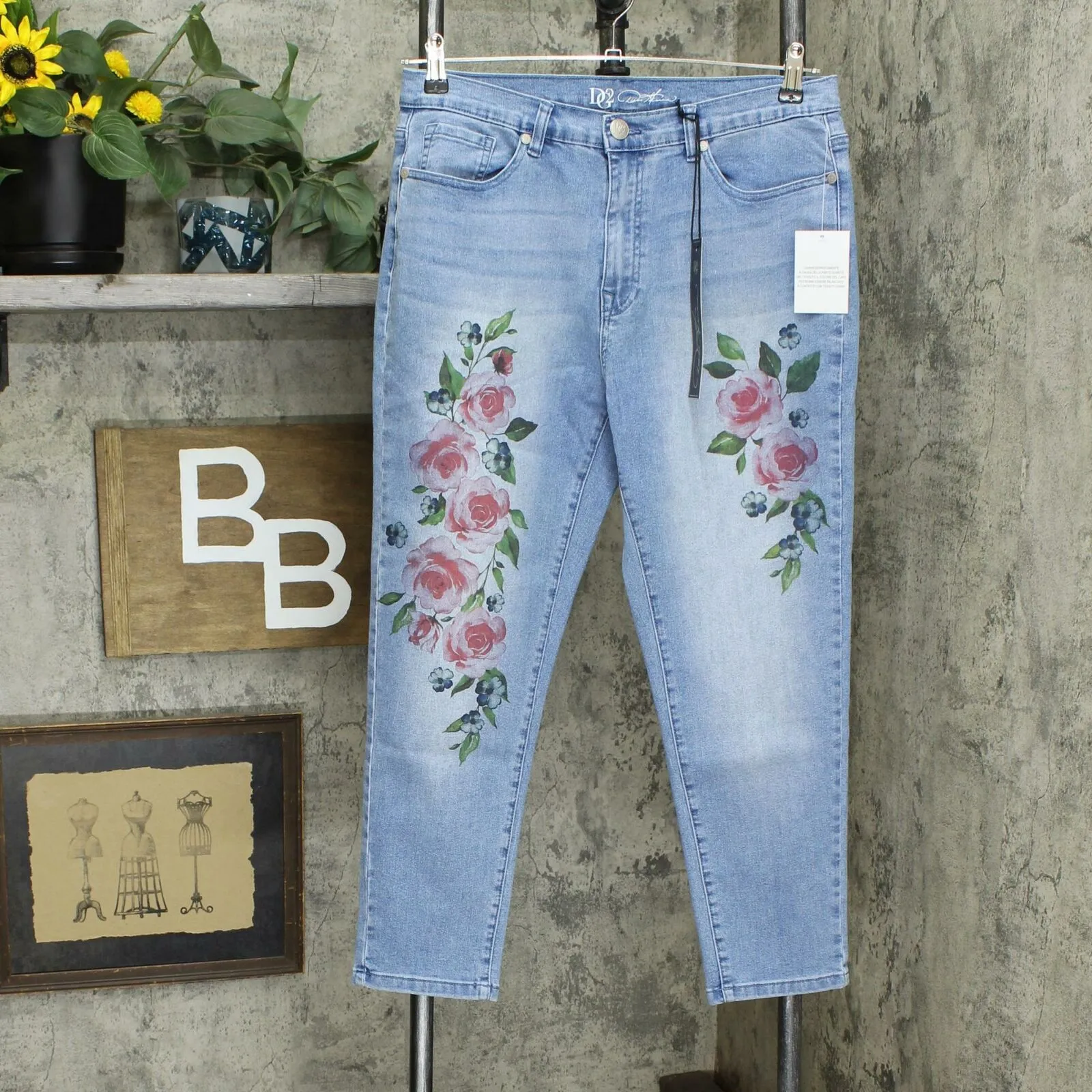 DG2 by Diane Gilman Women's Painted Floral Skinny Ankle Jeans