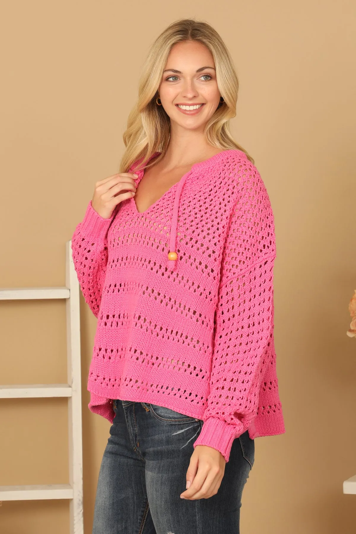 DRAWSTRING EYELET KNIT SWEATER